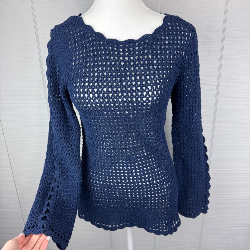 Westport Navy Blue Open Knit Sweater Long Sleeve Diamond Cutouts Scalloped Hem